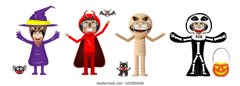 Halloween Kids Costume Party. Group of kids in halloween costumes of witch, vampire and devil, black cat, bat and spider on white background. vector illustration.