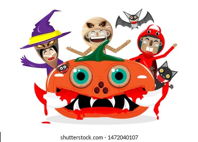 Halloween Kids Costume Party. Group of kids in halloween costumes of witch, vampire and devil, black cat, bat, spider and pumpkin on white background. vector illustration.