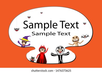 Halloween Kids Costume Party. Group of kids in halloween costumes of witch, vampire and devil, black cat, bat and spider. vector illustration.