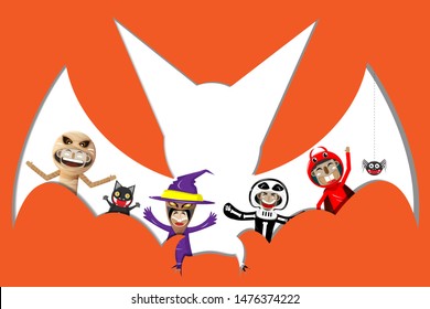 Halloween Kids Costume Party. Group of kids in halloween costumes of witch, vampire and devil, black cat, bat and spider. vector illustration.