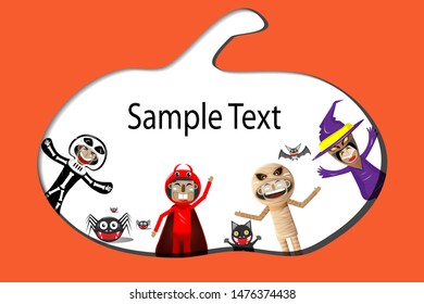 Halloween Kids Costume Party. Group of kids in halloween costumes of witch, vampire and devil, black cat, bat, spider and pumpkin. vector illustration.