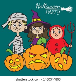 Halloween Kids Costume Party. Group of kids in Halloween costume with pumpkins. Blue background.