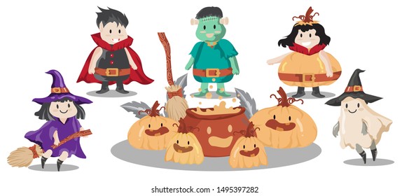 Halloween Kids Costume Party. Group of kids in Halloween costume.cute cartoon style on isolate background.