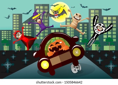 Halloween Kids Costume Party. Group Of Kids In Halloween Costume Jumping In The Moonlight. Pumpkin In The Car.