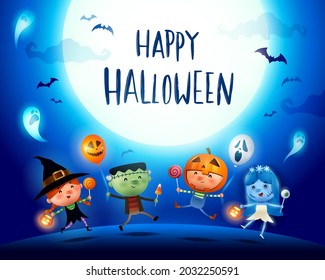 Halloween Kids Costume Party. Group of kids in Halloween costume jumping under the moonlight.