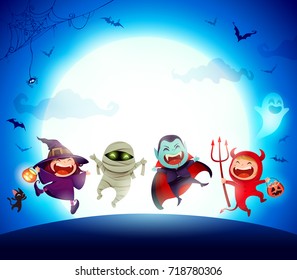 Halloween Kids Costume Party. Group of kids in Halloween costume jumping in the moonlight. Blue background.