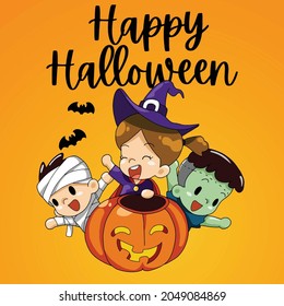Halloween Kids Costume Party .Happy Halloween.Witch,,Mummy.Orange background.Vector illustration.