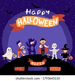 Halloween Kids Costume Party Invitation. A group of kids in various costumes for the holiday. Night sky background. Cute childish illustration in cartoon hand-drawn style. Lettering.