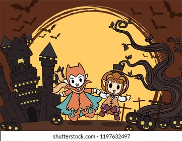 Halloween Kids Costume Party. kids in Halloween costume jumping in the yellow moonlight with old tree and Castle background.