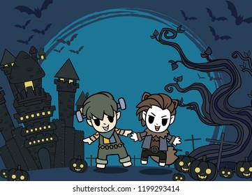 Halloween Kids Costume Party. kids in Halloween costume jumping in the yellow moonlight with old tree and Castle background.
