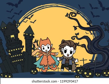 Halloween Kids Costume Party. kids in Halloween costume jumping in the yellow moonlight with old tree and Castle background.
