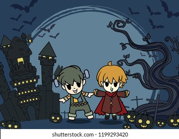Halloween Kids Costume Party. kids in Halloween costume jumping in the yellow moonlight with old tree and Castle background.
