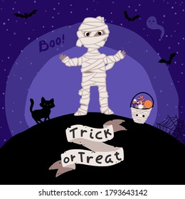 Halloween Kids costume party. A Kid in costume mummy, a black cat with a bucket of sweets. Night sky background. Cute childish illustration in cartoon hand-drawn style. Lettering Trick or Treat