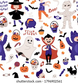 Halloween kids costume party seamless pattern. Children in various costumes. Vector illustration of Halloween characters, lettering, candy, and elements in cartoon hand-drawn style. White background.