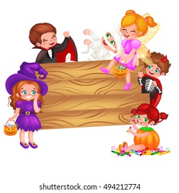 Halloween kids in costume for party set vector illustration.boy playing mummy skeleton vampire, girl like pumpkin witch and fairy. children with sweets for trick or treat