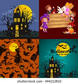 Halloween kids in costume for party set vector illustration.boy mummy skeleton vampire, girl like pumpkin witch and fairy. children playing with sweets for trick or treat