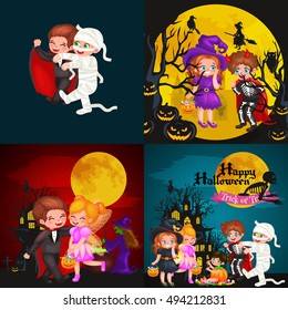 Halloween kids in costume for party set vector illustration.boy mummy skeleton vampire, girl like pumpkin witch and fairy. children playing with sweets for trick or treat