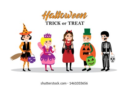 Halloween Kids Costume Party. Trick or Treat Spooky Celebration. Kids costume in witch, fairy princess, vampire, pumpkin and skeleton. Vector Illustration.