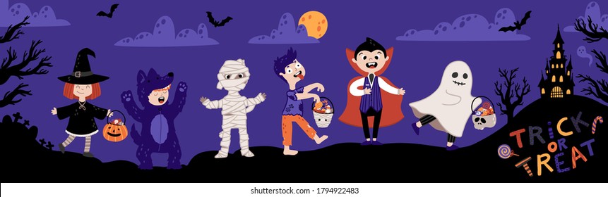 Halloween Kids Costume Party. Kids in various costumes for the holiday. Night sky background, a silhouette of a castle and cemetery. Childish illustration in cartoon hand-drawn style. Trick or Treat