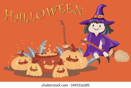 Halloween Kids Costume Party. a witch and pumpkin in Halloween costume.cute cartoon style on Orange background.