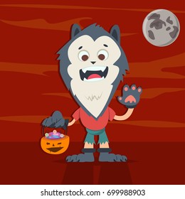 Halloween kids costume of werewolf with a basket of candy in the shape of a pumpkin on a red background. Vector cute cartoon character.