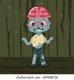 Halloween kids costume of zombies with brains on a green abstract background. Vector cute cartoon flat character.