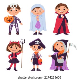 Halloween kids. Costumed horror party. Boys and girls dressed scary monsters. Young characters in festive clothes. Traditional holiday celebration. Vector children