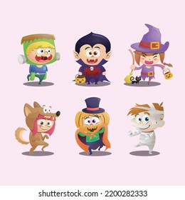 Halloween kids with costumes cute cartoon illustration set