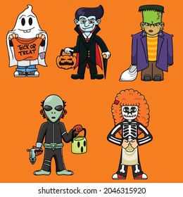 Halloween kids in costumes going trick or treating. Ghosts, Vampire, Monster, Alien, Skeleton.
