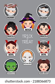 Halloween kids in Halloween costumes head vector illustration logo icon