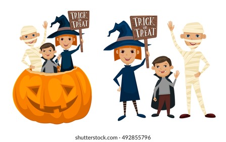 Halloween kids costumes mummies, vampire and witches are sitting in a pumpkin with Trick or Treat. 