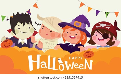 Halloween kids in costumes vector collection.