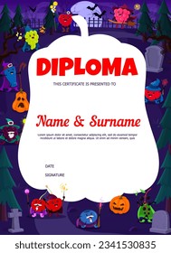 Halloween kids diploma. Cartoon berry fruit wizards and mages at night cemetery. Vector certificate with funny raspberry, cranberry, honeyberry and grapes. Blackberry, cherry, blueberry and pumpkins