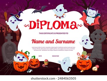 Halloween kids diploma with cartoon cute kawaii ghosts and tombstones on cemetery. Educational or graduation vector certificate with adorable spooks. Playschool honor trophy or award frame template