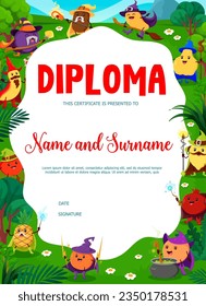 Halloween kids diploma. Cartoon fruit wizards and mages characters on meadow. School children achievement award, Halloween vector diploma with plum, kiwi, quince and banana, lemon, pineapple sorcerers