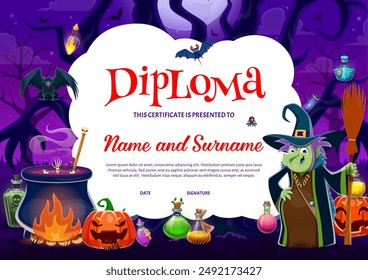 Halloween kids diploma with funny witch and potion cauldron in fairy forest vector background frame. Preschool and kindergarten diploma, certificate and award, cartoon Halloween pumpkins, witch, bats