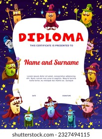 Halloween kids diploma. Vitamin and micronutrient mage and warlock characters. Child graduation certificate, school education vector diploma with N, U, B2 and D, C, K vitamins sorcerers cute personage