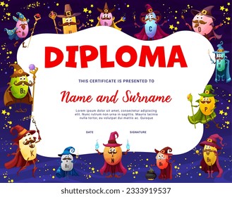 Halloween kids diploma with vitamin and micronutrient mage and warlock characters, vector certificate. Education diploma or graduation award, cartoon vitamin pill wizards and sorcerers with magic wand