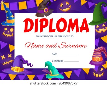 Halloween kids diploma with wizard and witch hats. Vector template of education school certificate with cartoon holiday headwear. Kindergarten party celebration frame with magic caps. Kid award frame