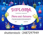 Halloween kids diploma with zombie monster hands and potion bottles, vector certificate. Holiday diploma award with cartoon witch poison in glass bottles or spell elixir in vials