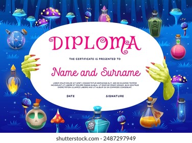 Halloween kids diploma with zombie monster hands and potion bottles, vector certificate. Holiday diploma award with cartoon witch poison in glass bottles or spell elixir in vials