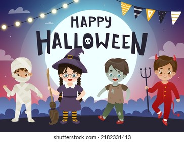 Halloween Kids Dressed Costumes Cute Cartoon Stock Vector (Royalty Free ...