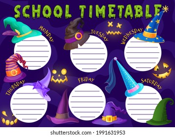 Halloween kids education schedule with witch hats. School timetable vector template with cartoon wizard caps and glow pumpkin spooky faces. Weekly time table for lessons and classes, planner frame