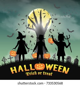 halloween kids in front of devil hand in graveyard