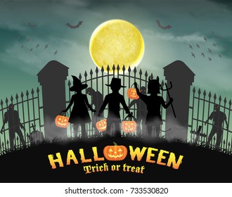 halloween kids in front of zombie in cemetery gate