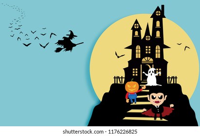 Halloween kids with full moon, evil pumpkin, Frankenstein, ghosts and traditional Halloween