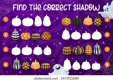 Halloween kids game, find a correct shadow of patterned pumpkins. Vector worksheet for children logic activity. Preschool or kindergarten educational quiz, puzzle, riddle for logical mind development