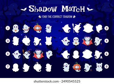 Halloween kids game, find the correct shadow of cute kawaii ghosts characters on cemetery vector quiz worksheet. Halloween horror holiday matching puzzle with funny ghosts, pumpkins, zombies and bats