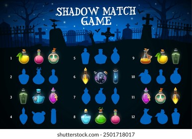 Halloween kids game to find correct shadow of potion bottles, vector puzzle worksheet. Cartoon game to find and match same silhouettes of witch poison or magic spell elixir in bottles on cemetery