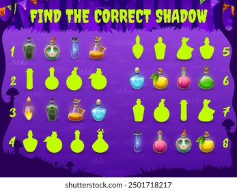 Halloween kids game, find correct shadow of potion bottles or poison, vector puzzle worksheet. Find and match same silhouettes of witch potion or magic spell elixir in bottles in Halloween forest